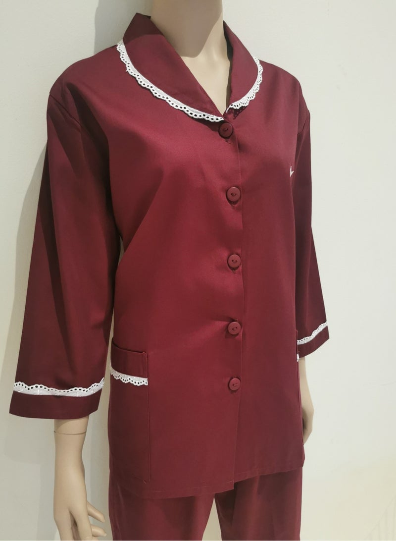 Domestic Helper Uniform Elegant Kolcha Design Maroon House Maid Uniform Set Top and Pants