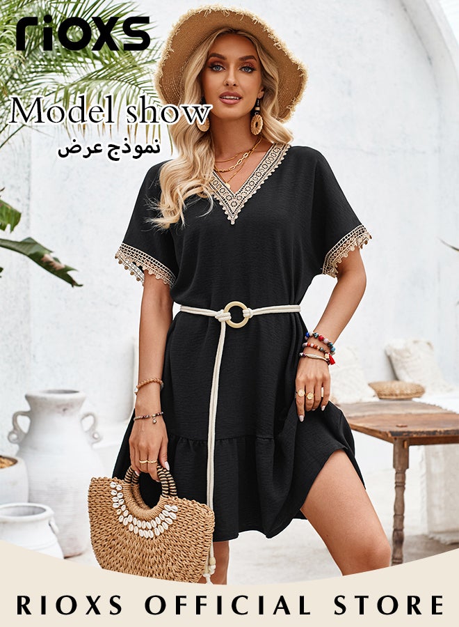 Women's Casual Summer Dresses Lace Short Sleeve Dress V Neck Flowy Midi Dress With Belt Ladies Tied Waist Dresses