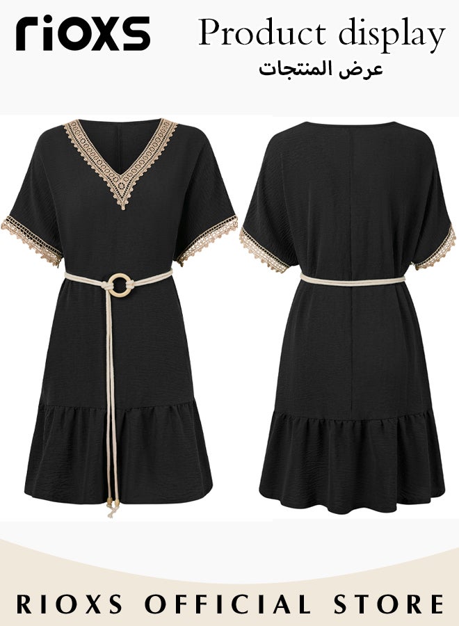 Women's Casual Summer Dresses Lace Short Sleeve Dress V Neck Flowy Midi Dress With Belt Ladies Tied Waist Dresses