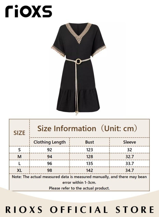 Women's Casual Summer Dresses Lace Short Sleeve Dress V Neck Flowy Midi Dress With Belt Ladies Tied Waist Dresses