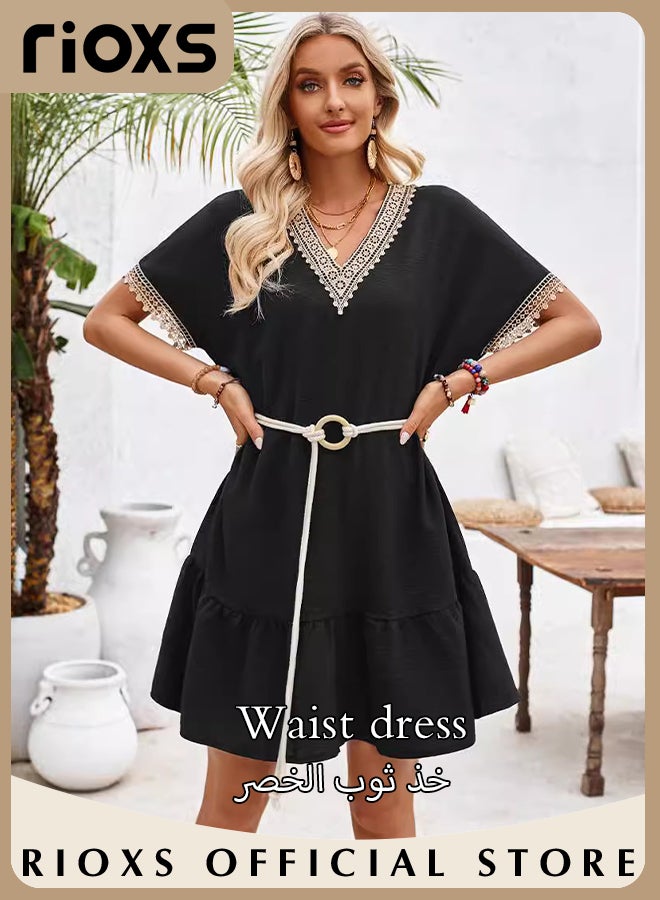 Women's Casual Summer Dresses Lace Short Sleeve Dress V Neck Flowy Midi Dress With Belt Ladies Tied Waist Dresses