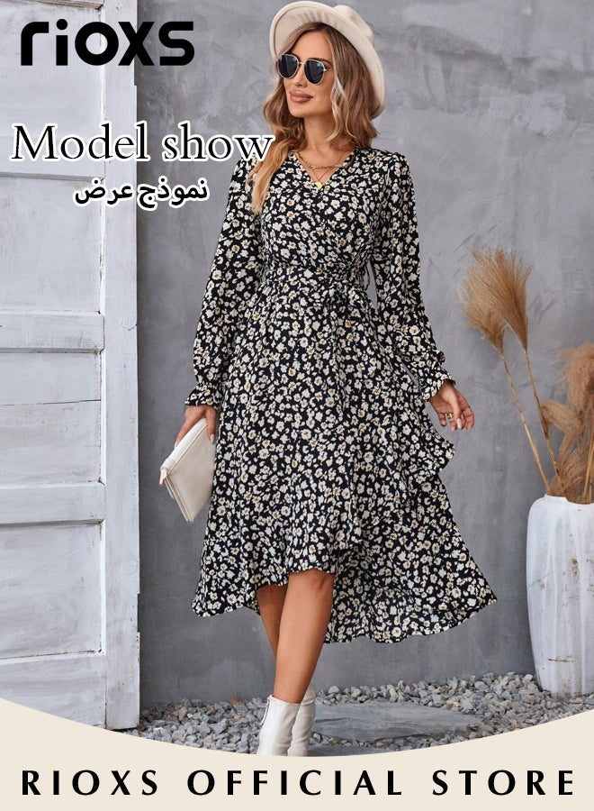 Women's V Neck Long Sleeve Bohemia Dress Casual Mid Waist Printed Floral Ruffle Dress Slim Fit Irregular Hem Skirts Ladies Beach Vacation Dresses