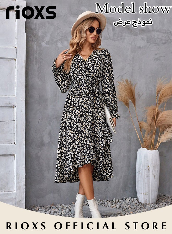 Women's V Neck Long Sleeve Bohemia Dress Casual Mid Waist Printed Floral Ruffle Dress Slim Fit Irregular Hem Skirts Ladies Beach Vacation Dresses