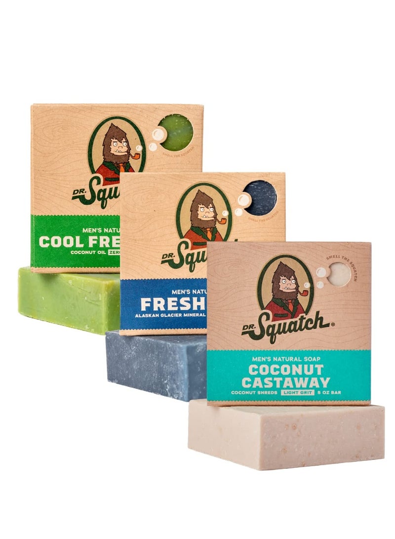 Dr. Squatch Men's Natural Bar Soap from Cold Process Moisturizing Soap Made from Natural Oils - No Harmful Chemicals - Good for All Skin Types - Coconut Castaway, Fresh Falls, Cool Aloe (3 Pk)