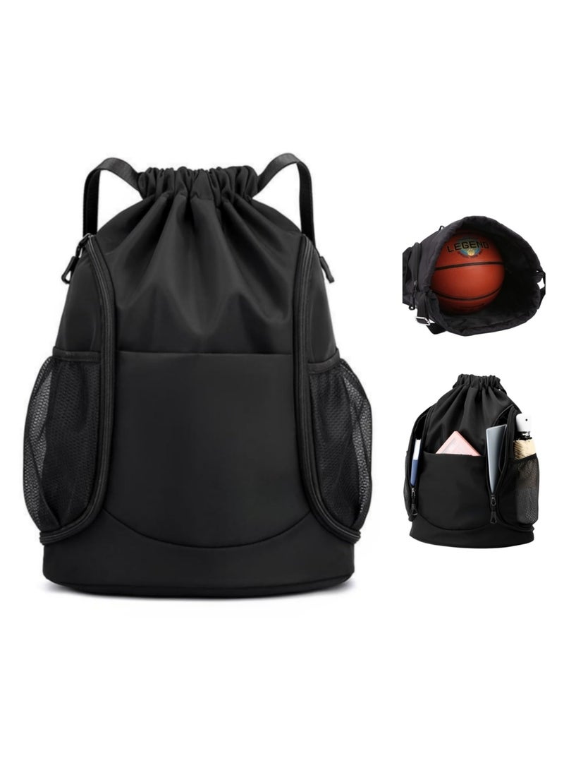 SYOSI, Drawstring Backpack Waterproof Soccer Bag for Man and Women, Sports Basketball Gym Draw String Sackpack with Shoes Compartment Side Mesh Pockets