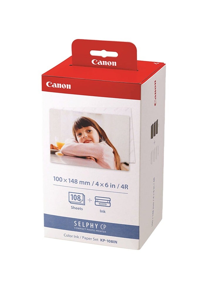 Canon KP-108IN Color Ink Paper Set for Canon Selphy CP910/CP810 Photo Printer, 108 Sheets, White