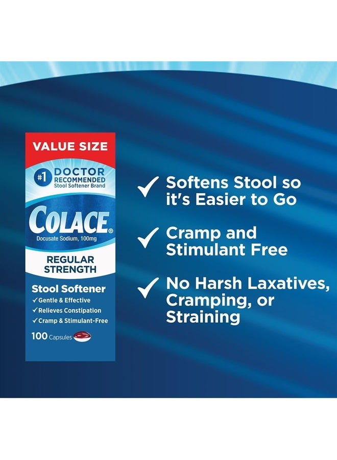 Regular Strength Stool Softener 100 mg Capsules 100 Count Docusate Sodium Stimulant-Free for Gentle, Dependable Occasional Constipation Relief