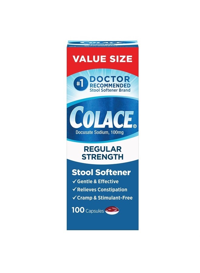 Regular Strength Stool Softener 100 mg Capsules 100 Count Docusate Sodium Stimulant-Free for Gentle, Dependable Occasional Constipation Relief