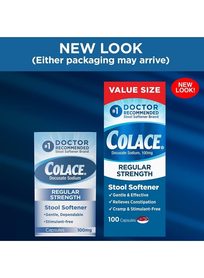 Regular Strength Stool Softener 100 mg Capsules 100 Count Docusate Sodium Stimulant-Free for Gentle, Dependable Occasional Constipation Relief