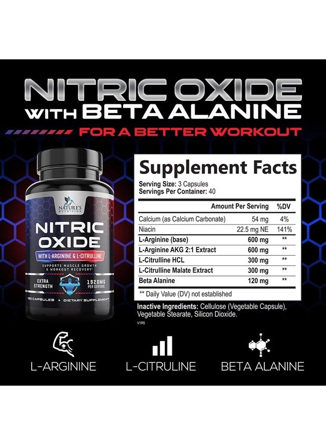 Extra Strength Nitric Oxide Supplement L Arginine 3X Strength - Citrulline Malate, AAKG, Beta Alanine - Premium Muscle Supporting Nitric Oxide Booster for Strength & Energy - 120 Nitric Oxide Capsules