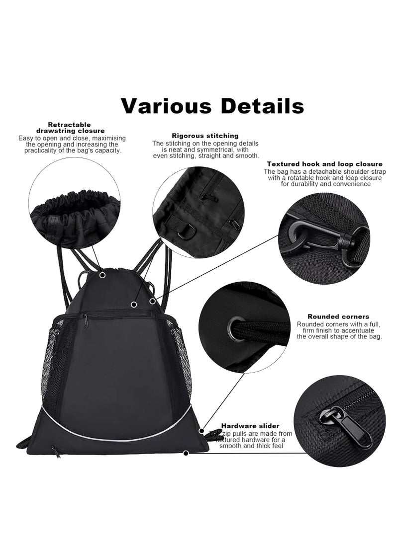 Black Basketball Backpack Drawstring Bag Basketball Accessories String Bag w Hidden Ball Net Gym Sports Cinch Sack w Bottle Holder & Zipper Pockets Workout Equipment Bags for Volleyball Men