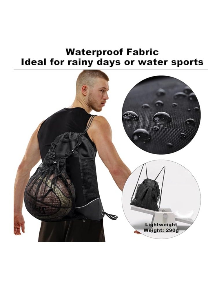 Black Basketball Backpack Drawstring Bag Basketball Accessories String Bag w Hidden Ball Net Gym Sports Cinch Sack w Bottle Holder & Zipper Pockets Workout Equipment Bags for Volleyball Men