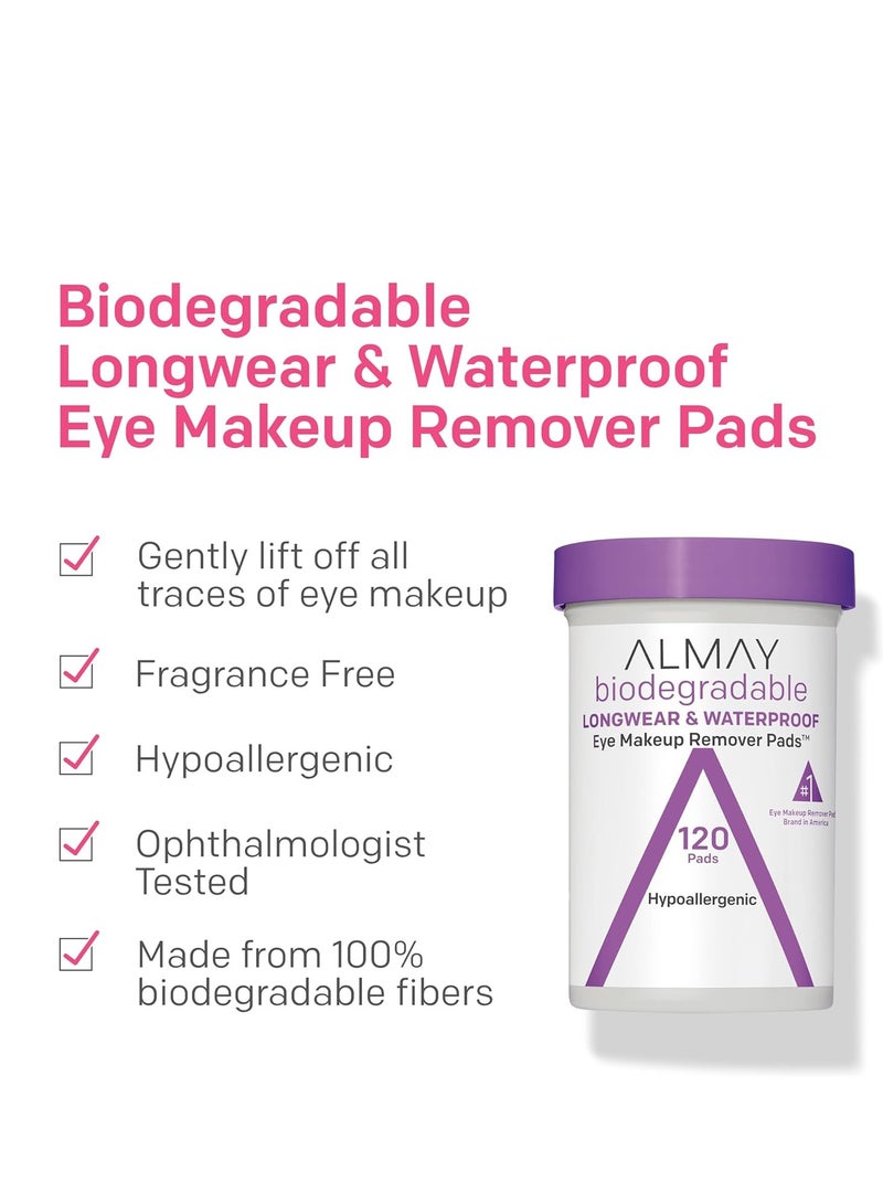 Almay Biodegradable Eye Makeup Remover Pads, Longwear & Waterproof, Stocking Stuffer for Women, Hypoallergenic, Fragrance-Free, 120 Count (Pack of 1)