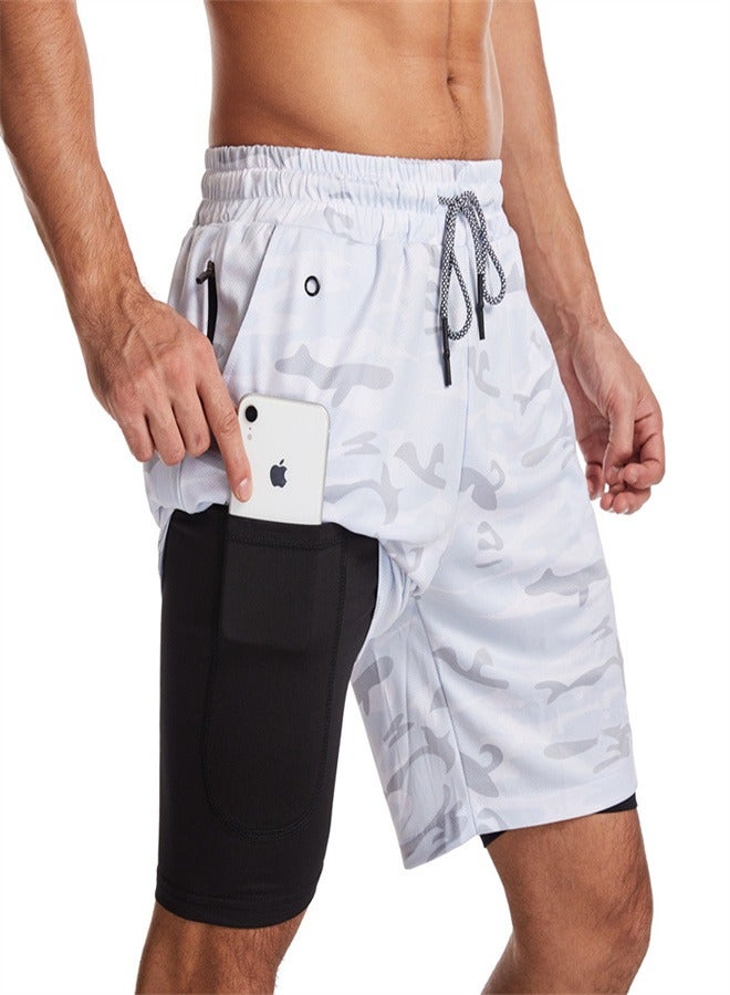 Men's 2-in-1 Quick Drying Casual Fitness Shorts White Camouflage