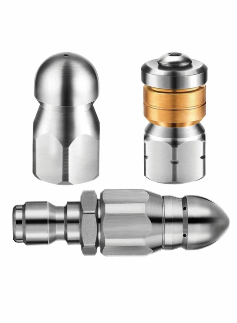 Sewer Jetter Nozzles Kit, Rotating Button Nose Jetting Nozzle Stainless Steel Fixed Jetting Nozzle Replacement Kit with Different Model for 1/4 Inch Pressure Washer Accessories up to 5000 PSI