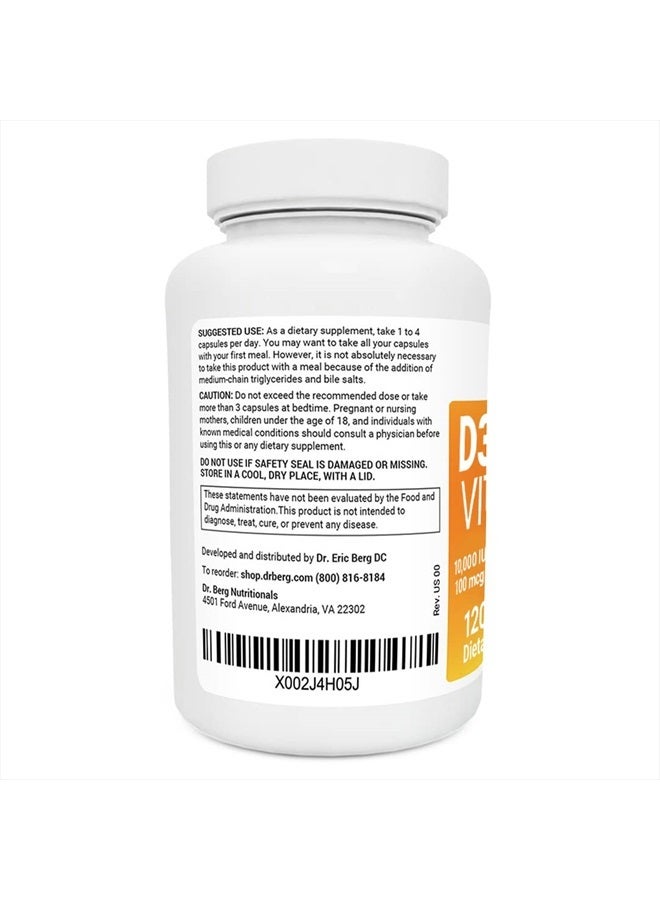 Vitamin D3 K2 With MCT Oil - Includes 10,000 IU, D3, 100 mcg MK7 Vitamin K2, Purified Bile Salts, Zinc And Magnesium for Ultimate Absorption - K2 D3 Vitamin Supplement - 120 Capsule