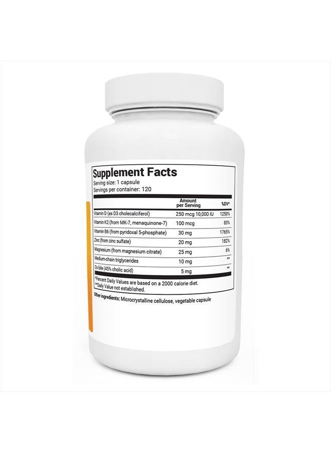 Vitamin D3 K2 With MCT Oil - Includes 10,000 IU, D3, 100 mcg MK7 Vitamin K2, Purified Bile Salts, Zinc And Magnesium for Ultimate Absorption - K2 D3 Vitamin Supplement - 120 Capsule