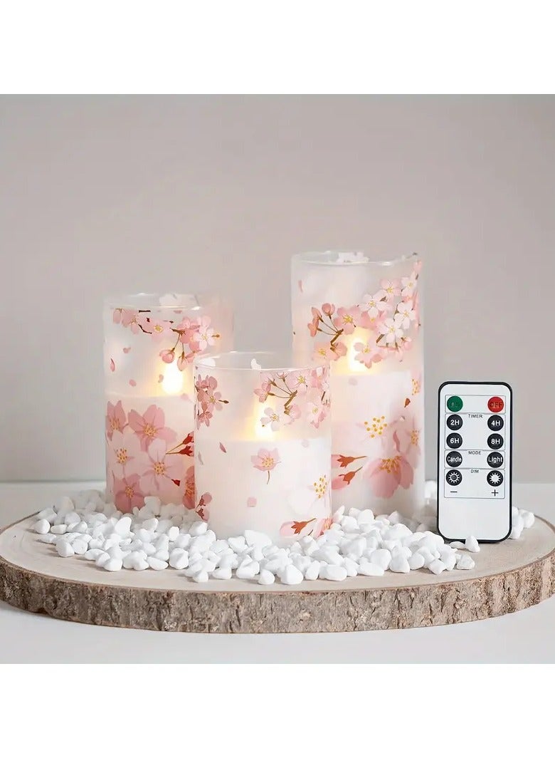 Cherry Blossom Flickering LED Glass Candles with Remote,Flameless Battery Operated Timer Pack of 3 Real Wax Warm Fire Candles,Lasting 500+ Hours,3”x4”,5”,6”