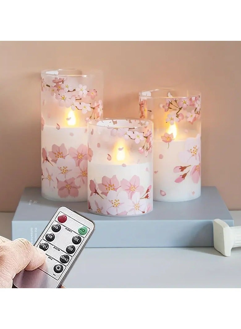 Cherry Blossom Flickering LED Glass Candles with Remote,Flameless Battery Operated Timer Pack of 3 Real Wax Warm Fire Candles,Lasting 500+ Hours,3”x4”,5”,6”