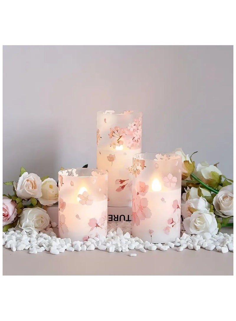 Cherry Blossom Flickering LED Glass Candles with Remote,Flameless Battery Operated Timer Pack of 3 Real Wax Warm Fire Candles,Lasting 500+ Hours,3”x4”,5”,6”