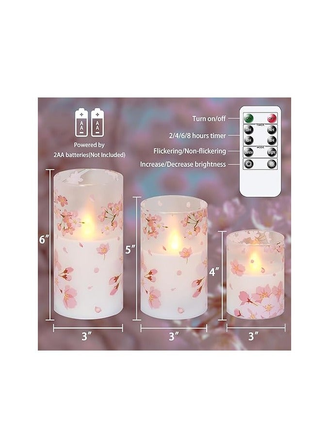 Cherry Blossom Flickering LED Glass Candles with Remote,Flameless Battery Operated Timer Pack of 3 Real Wax Warm Fire Candles,Lasting 500+ Hours,3”x4”,5”,6”