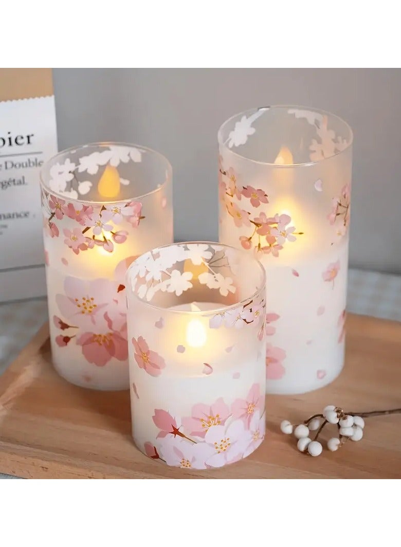 Cherry Blossom Flickering LED Glass Candles with Remote,Flameless Battery Operated Timer Pack of 3 Real Wax Warm Fire Candles,Lasting 500+ Hours,3”x4”,5”,6”