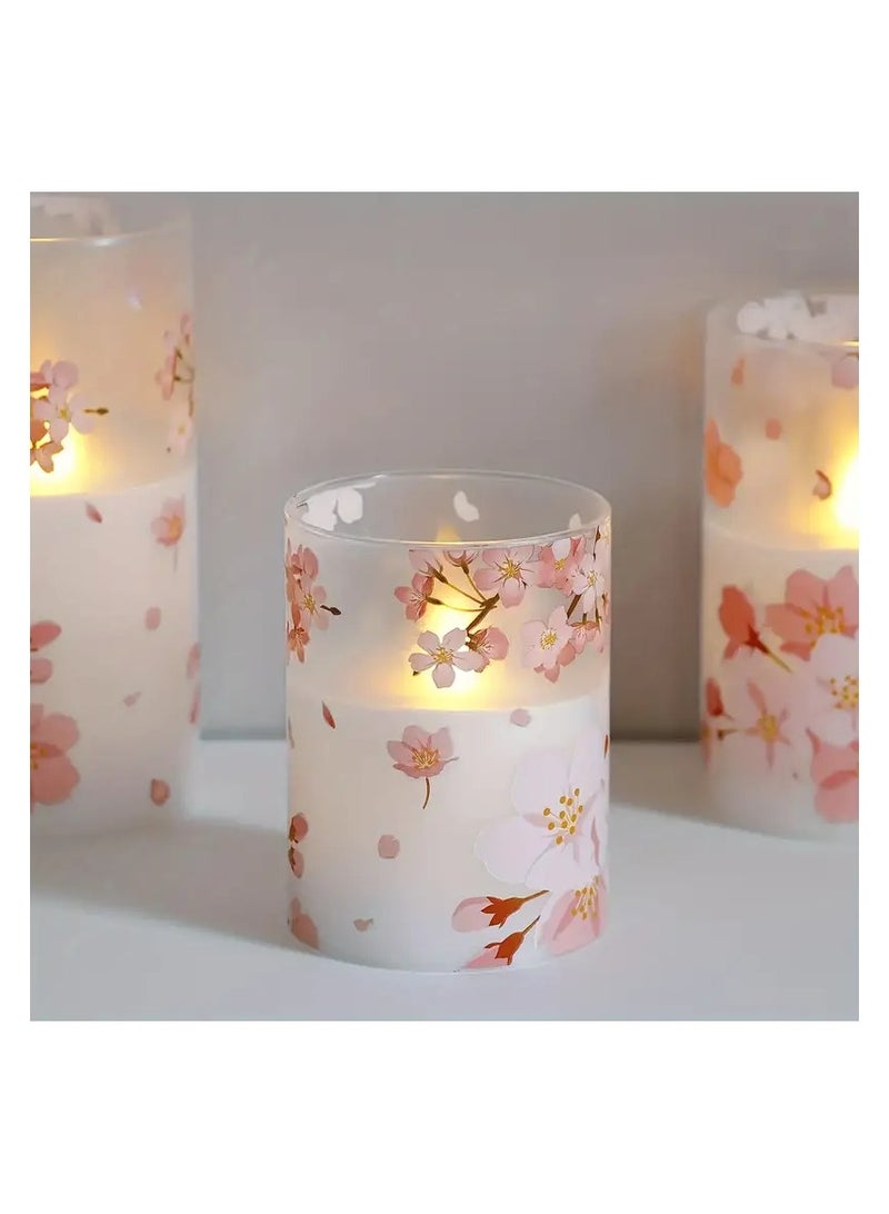 Cherry Blossom Flickering LED Glass Candles with Remote,Flameless Battery Operated Timer Pack of 3 Real Wax Warm Fire Candles,Lasting 500+ Hours,3”x4”,5”,6”