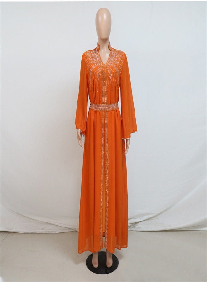 Long Sleeved Hot Diamond Dress Dress Jalabiya  Musilm  Orange