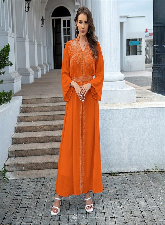 Long Sleeved Hot Diamond Dress Dress Jalabiya  Musilm  Orange