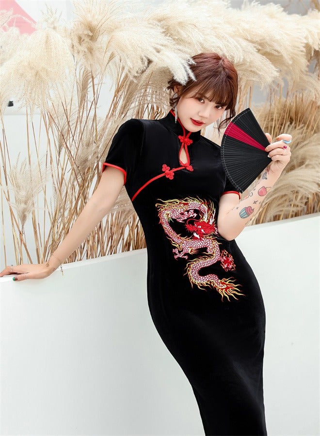 Short Sleeved Long Dress Black/Red