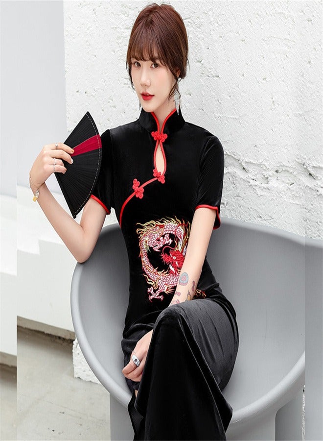 Short Sleeved Long Dress Black/Red