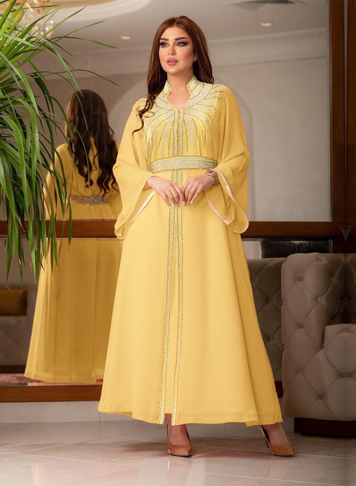 Long Sleeved Hot Diamond Dress Dress Jalabiya  Musilm  Yellow