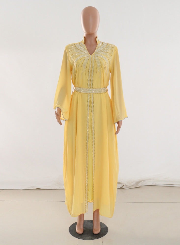 Long Sleeved Hot Diamond Dress Dress Jalabiya  Musilm  Yellow