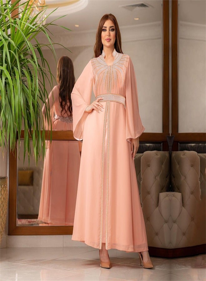 Long Sleeved Hot Diamond Dress Dress Jalabiya  Musilm  pink