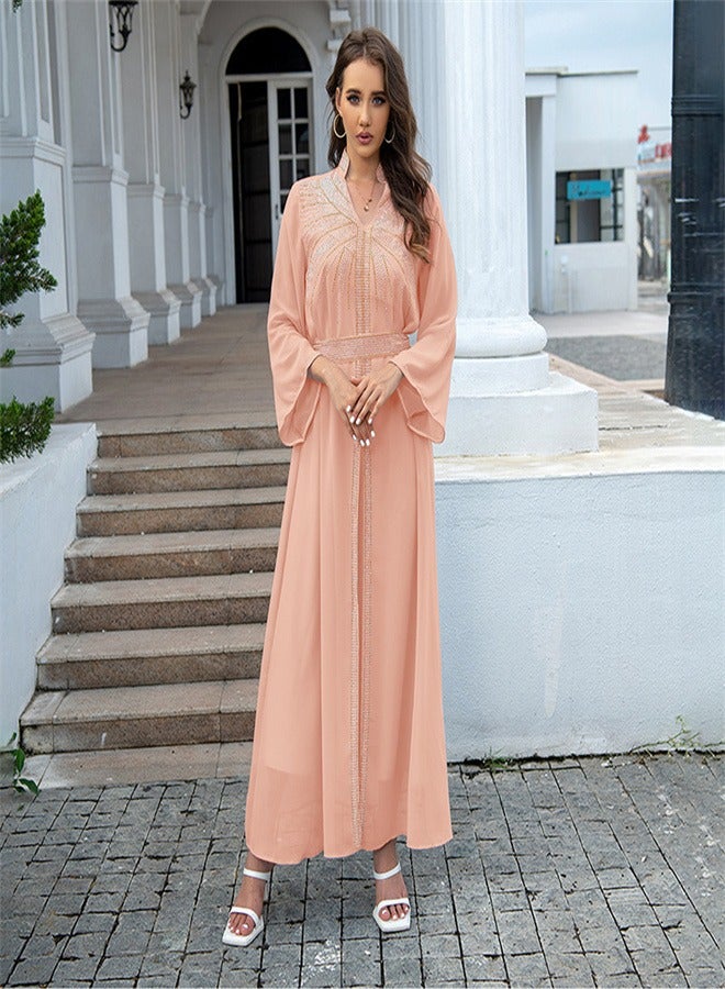 Long Sleeved Hot Diamond Dress Dress Jalabiya  Musilm  pink