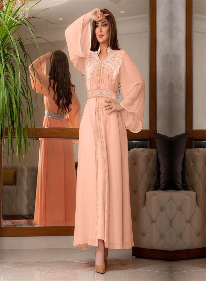 Long Sleeved Hot Diamond Dress Dress Jalabiya  Musilm  pink