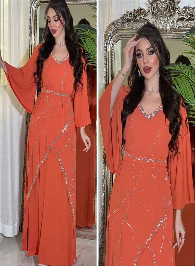 Long Sleeved Chiffon Jumpsuit Jalabiya  Musilm Orange