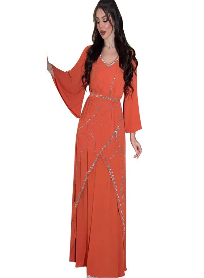 Long Sleeved Chiffon Jumpsuit Jalabiya  Musilm Orange