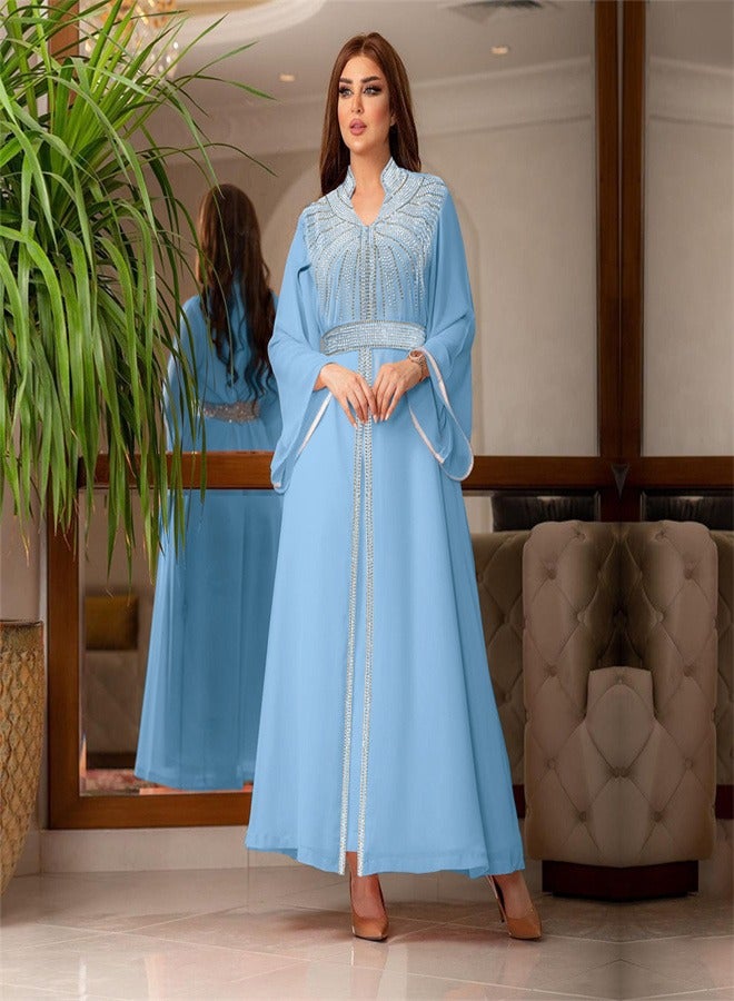 Long Sleeved Hot Diamond Dress Dress Jalabiya  Musilm  Blue