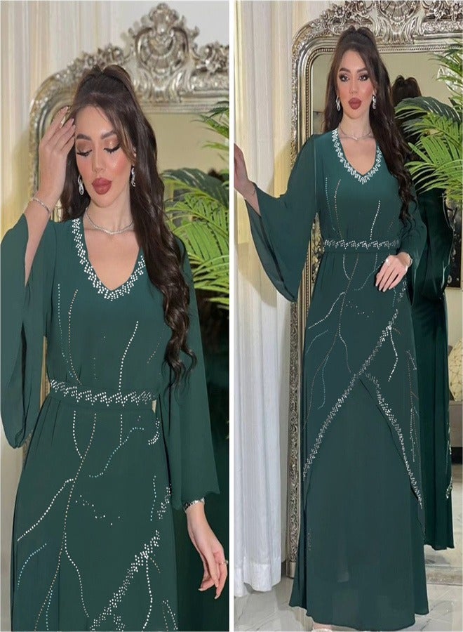 Long Sleeved Chiffon Jumpsuit Jalabiya  Musilm Blackish Green