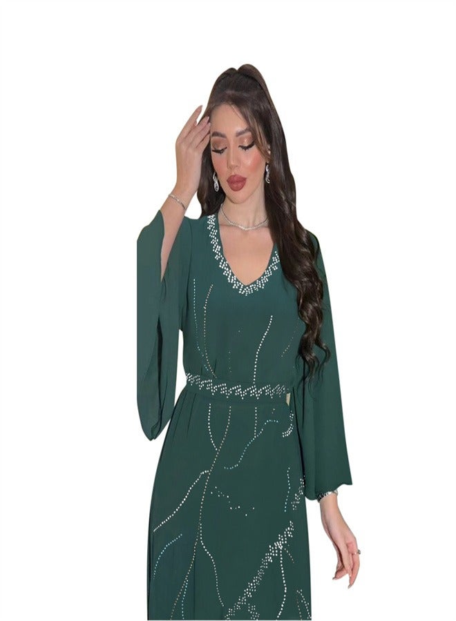 Long Sleeved Chiffon Jumpsuit Jalabiya  Musilm Blackish Green