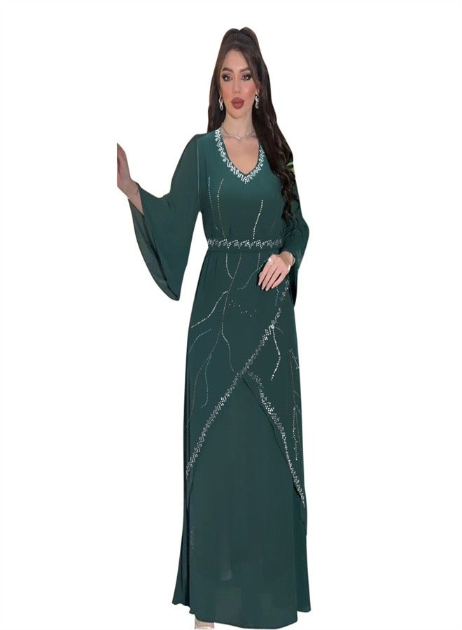 Long Sleeved Chiffon Jumpsuit Jalabiya  Musilm Blackish Green