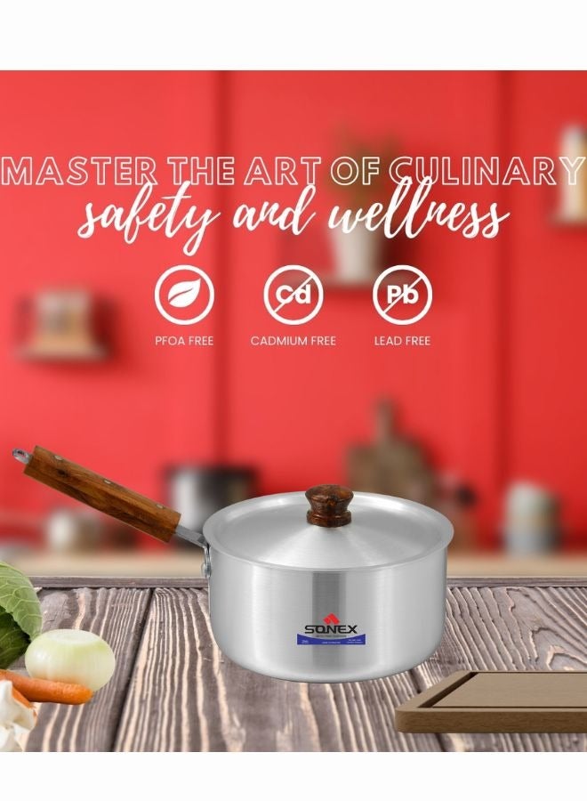 Sonex 3-Piece Sauce Pot Set with Wooden Handles, High-Quality Aluminum, Durable Metal Finish, Ideal for Sauces, Soups, and Stews, Sizes 16/18.5/21 cm, Capacities 2/2.5/3 Liters