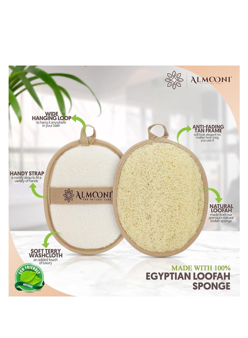 Almooni Natural Loofah Exfoliating Body Scrubber, Made with Natural Egyptian Shower Loofah Sponge, Bath Shower Loofah Sponge for Women and Men, for Face and Body That Gets You Clean - 2 Count (1 Pack)