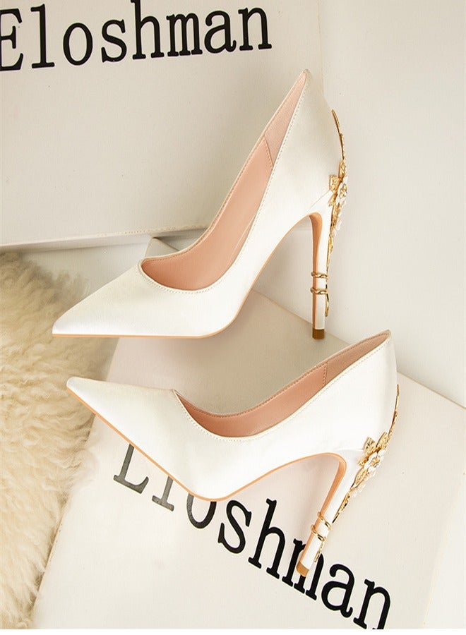 Fashionable Floral Slim Heeled Pointed High Heeled Single Shoes White