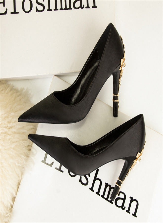 Fashionable Floral Slim Heeled Pointed High Heeled Single Shoes Black