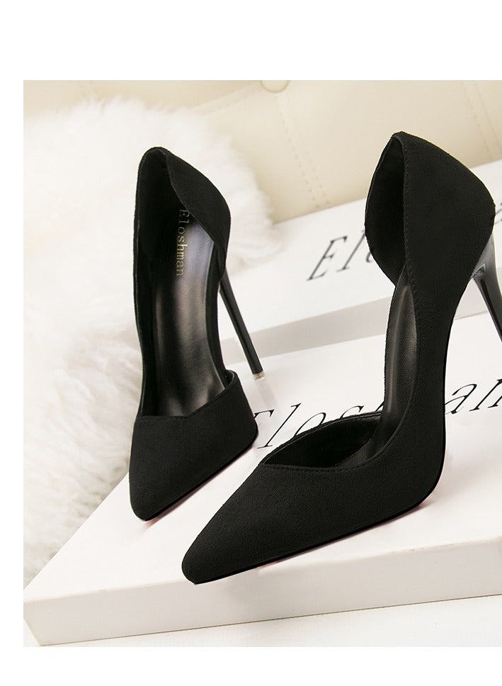 10cm Fashionable And Minimalist Slim Heel Suede Shallow Mouthed Pointed Women's Singles Shoes Black