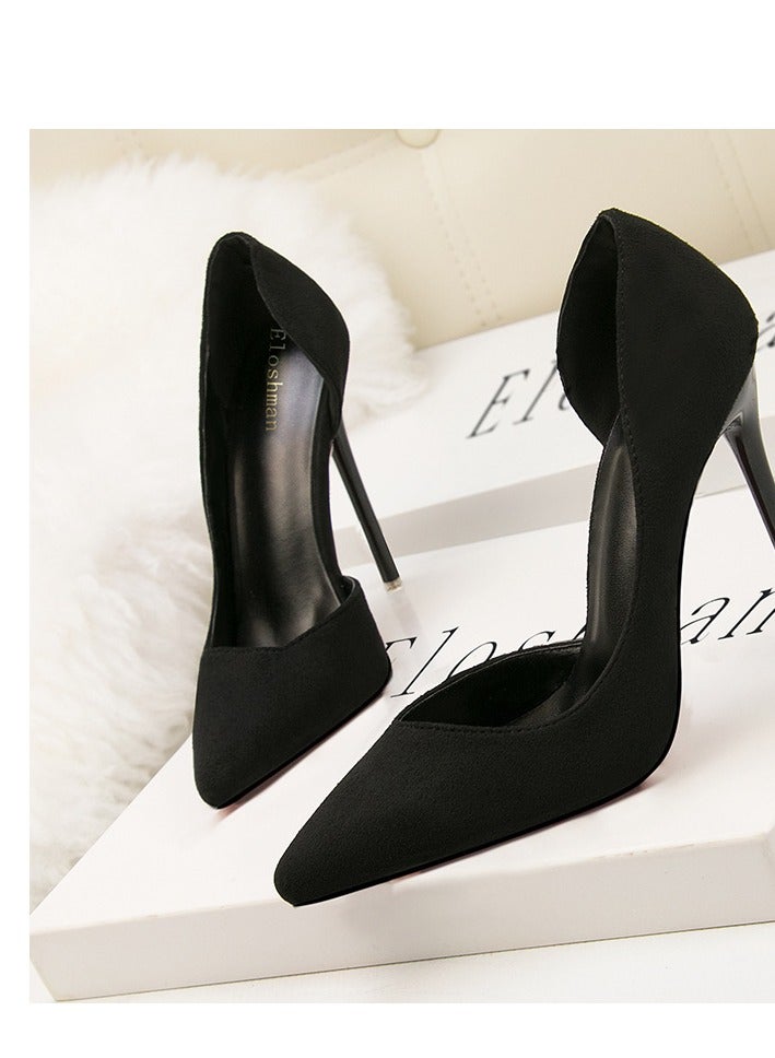 10cm Fashionable And Minimalist Slim Heel Suede Shallow Mouthed Pointed Women's Singles Shoes Black