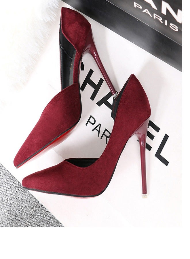 10cm Fashionable And Minimalist Slim Heel Suede Shallow Mouthed Pointed Women's Singles Shoes Wine Red