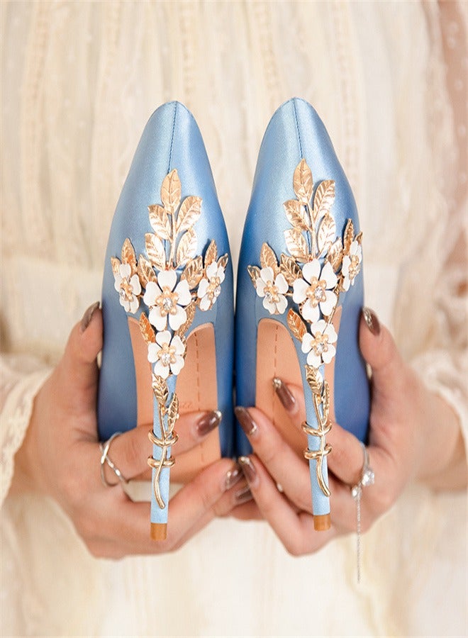 Fashionable Floral Slim Heeled Pointed High Heeled Single Shoes Blue